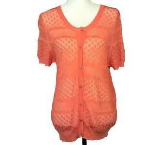 NORTHSTYLE Lg Lacy Cotton Silk Crochet Cardigan Short Sleeve Button Front Coral